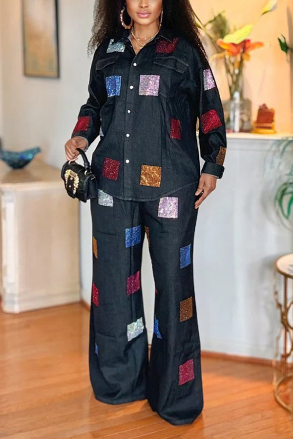 Stylish Colorful Glitter Patchwork Denim Set