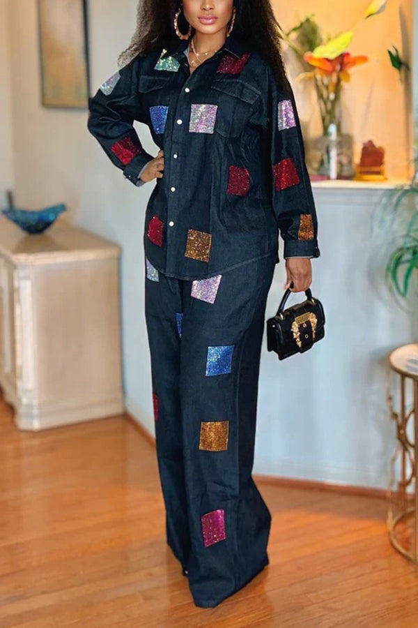 Stylish Colorful Glitter Patchwork Denim Set