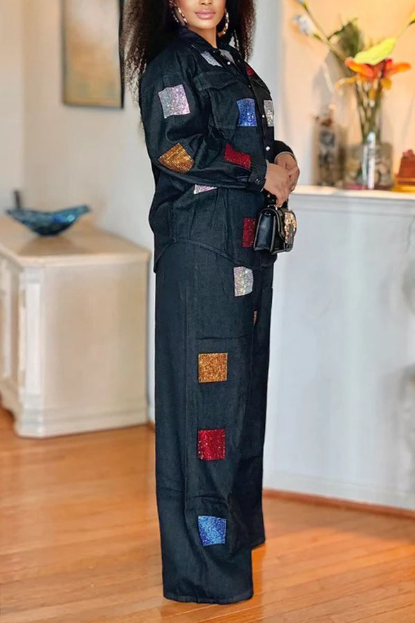 Stylish Colorful Glitter Patchwork Denim Set