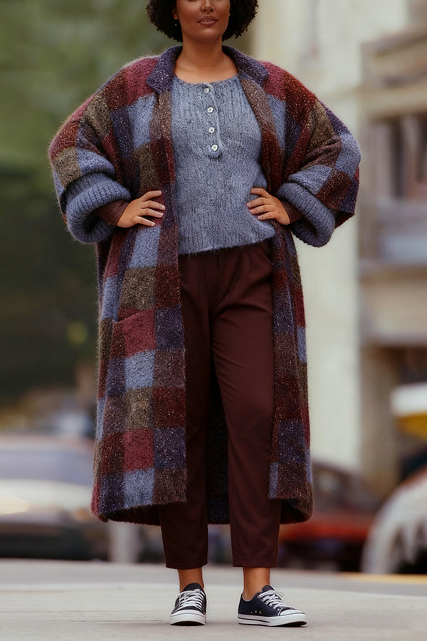 Stylish Lapel Collar Plaid Cardigan