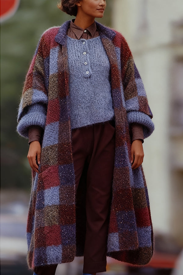 Stylish Lapel Collar Plaid Cardigan