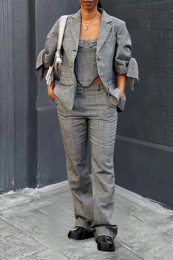 Vintage Plaid Bows Sleeves Blazer & Pants Set