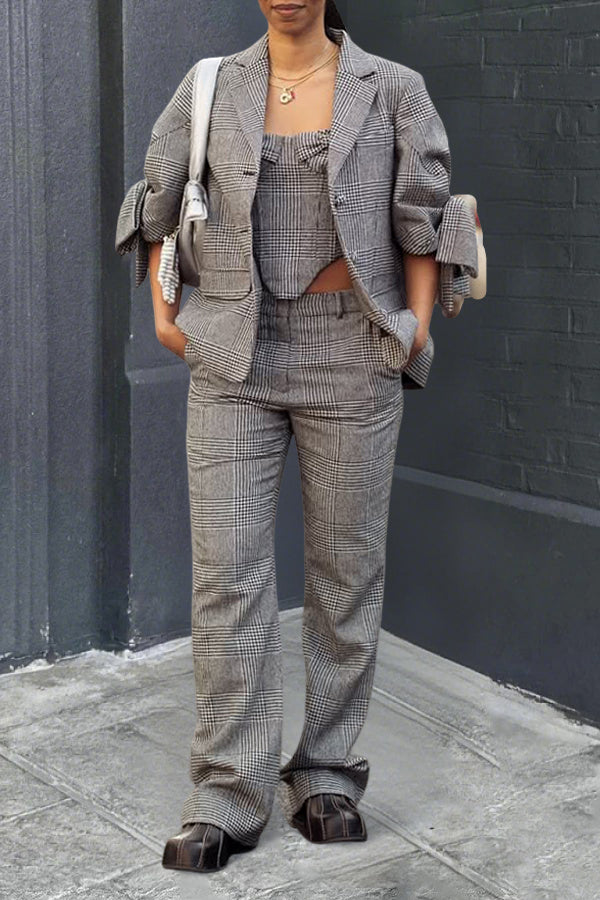 Vintage Plaid Bows Sleeves Blazer & Pants Set