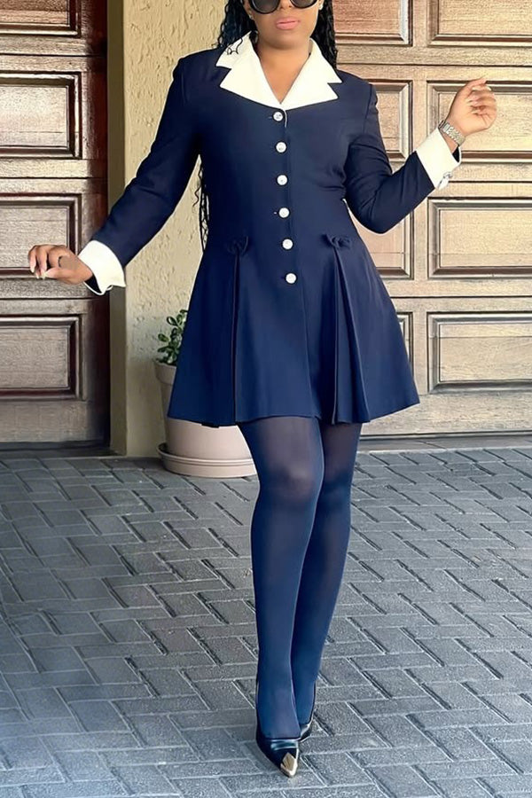 Chic Bow Lapel Neck Button Up Dress