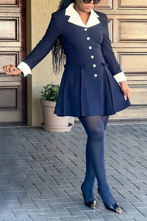 Chic Bow Lapel Neck Button Up Dress
