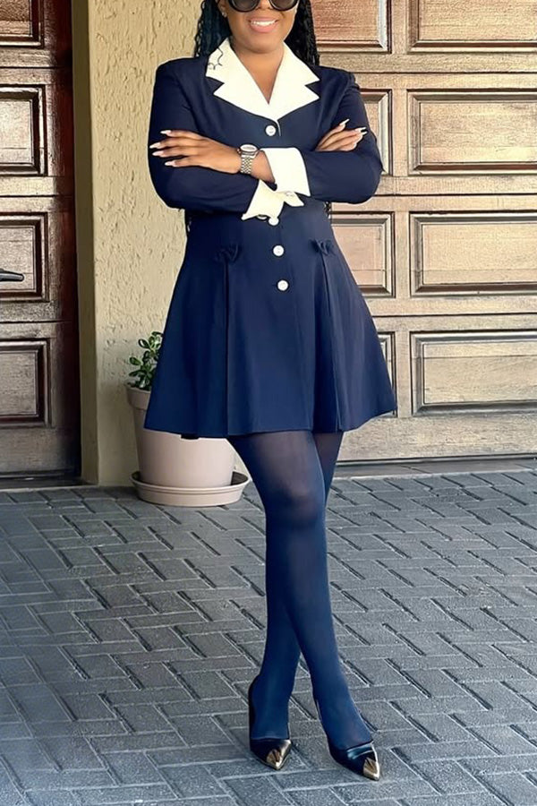 Chic Bow Lapel Neck Button Up Dress