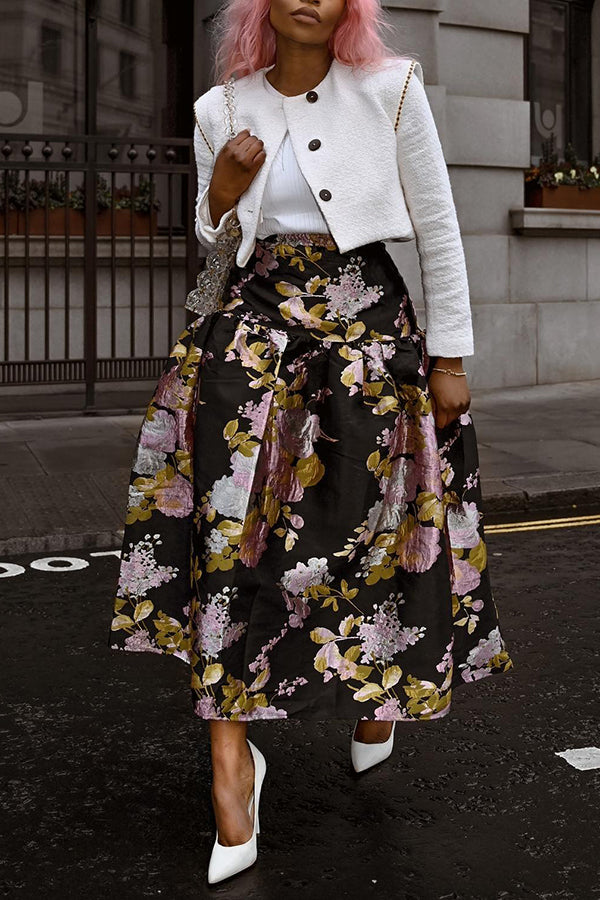 Retro Floral Print Ruffle Hem Skirt