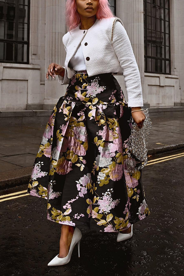 Retro Floral Print Ruffle Hem Skirt