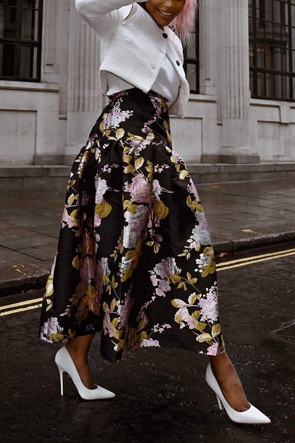 Retro Floral Print Ruffle Hem Skirt