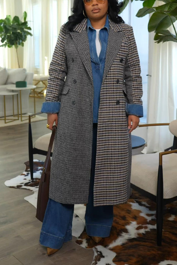 Chic Peak Collar Double Breasted Plaid Coat