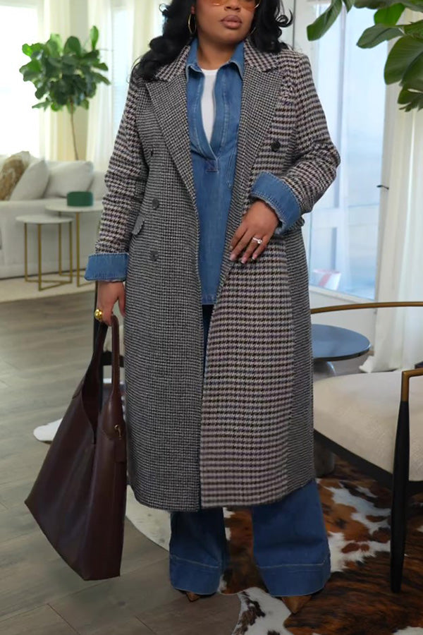 Chic Peak Collar Double Breasted Plaid Coat