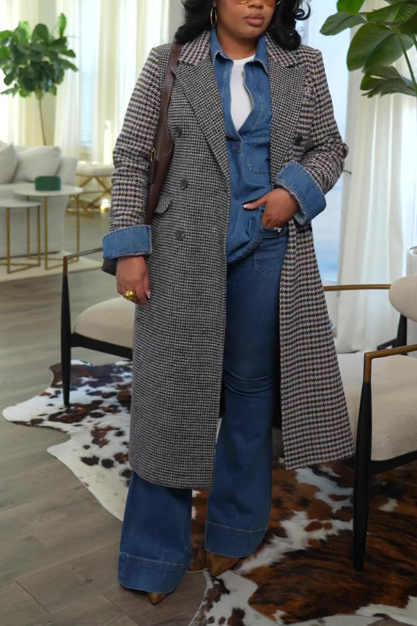 Chic Peak Collar Double Breasted Plaid Coat