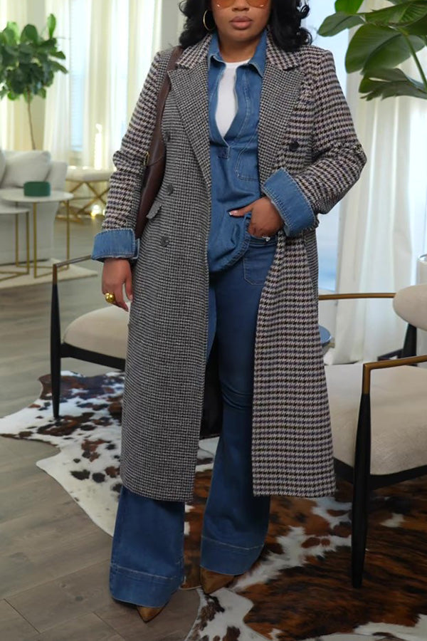 Chic Peak Collar Double Breasted Plaid Coat