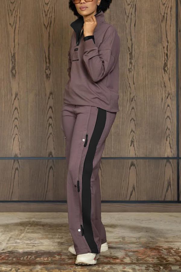 Casual Two Tone Half-Zip Top & Pants Set
