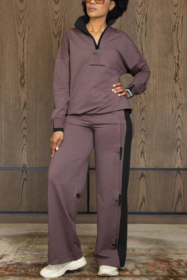 Casual Two Tone Half-Zip Top & Pants Set