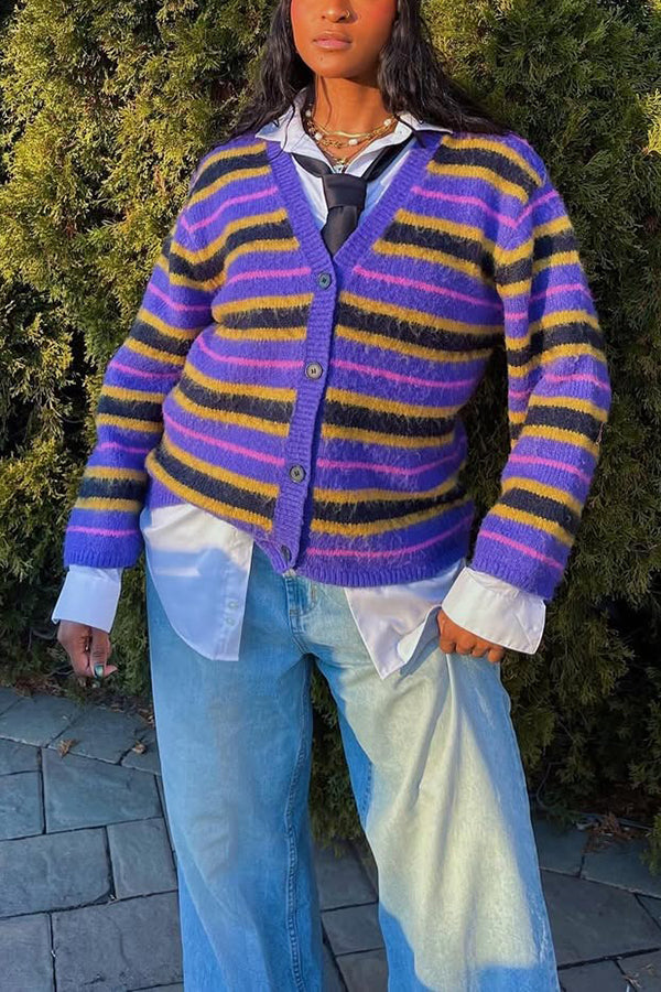 Stylish Button Front Striped Cardigan