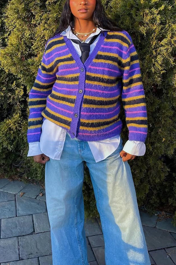 Stylish Button Front Striped Cardigan