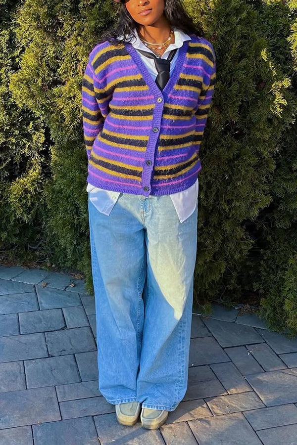 Stylish Button Front Striped Cardigan