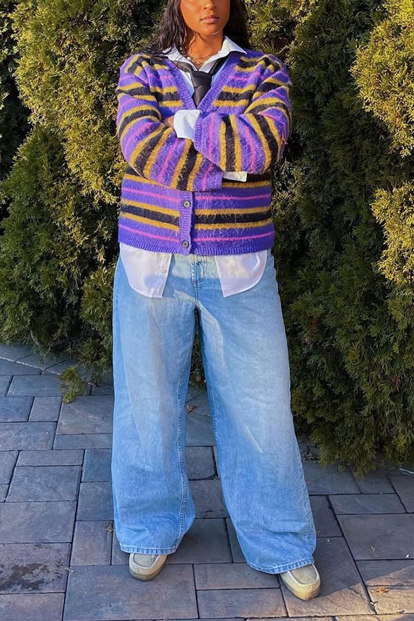 Stylish Button Front Striped Cardigan