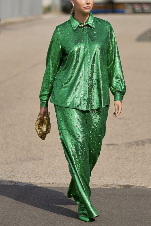 Glitter Shirt Neck Top & Pants Set