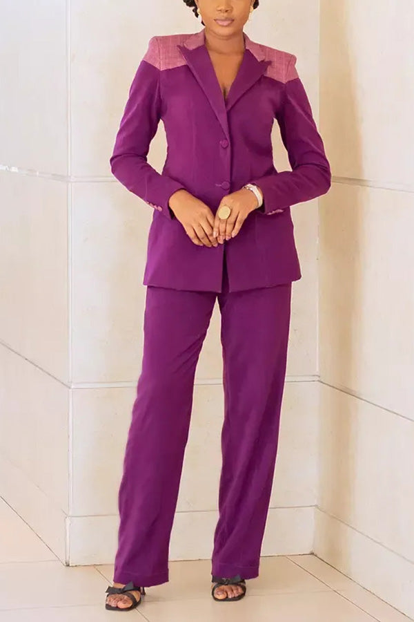 Chic Plaid Splicing Blazer Pants Set