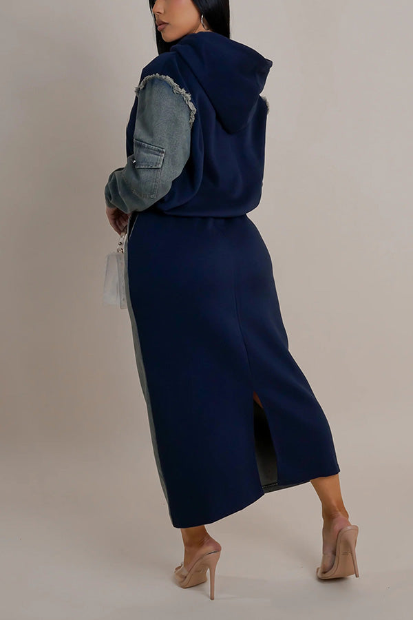 Casual Denim Splicing Hoodie & Skirt Set