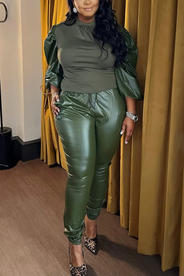 Fashion PU Gigot Sleeve Top & Pants Set
