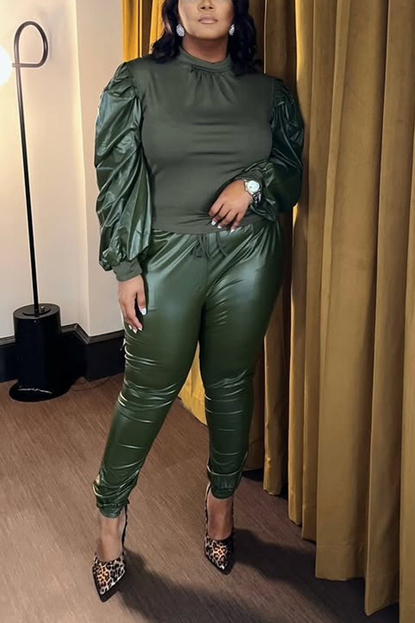 Fashion PU Gigot Sleeve Top & Pants Set
