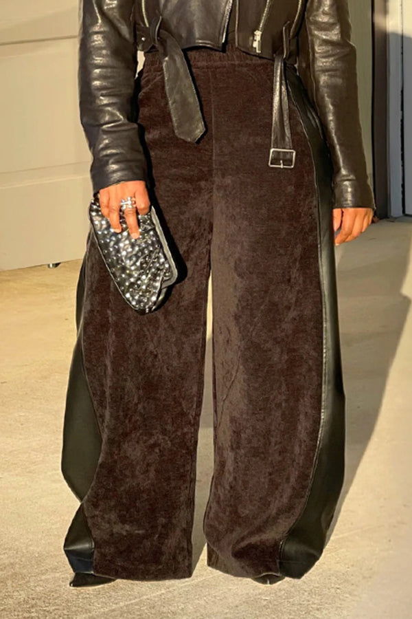 Chic Suede Contrast PU Straight Leg Pants
