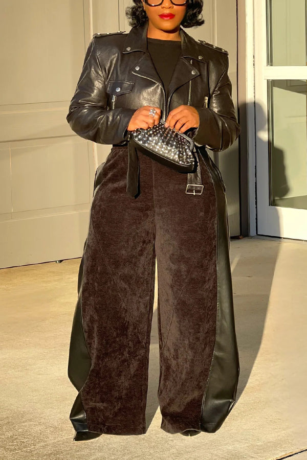 Chic Suede Contrast PU Straight Leg Pants
