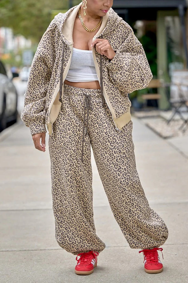 Vintage Leopard Print Hoodie & Pants Set