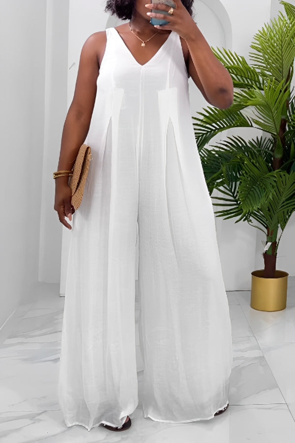  V-Neck Loose Solid Casual Jumpsuit