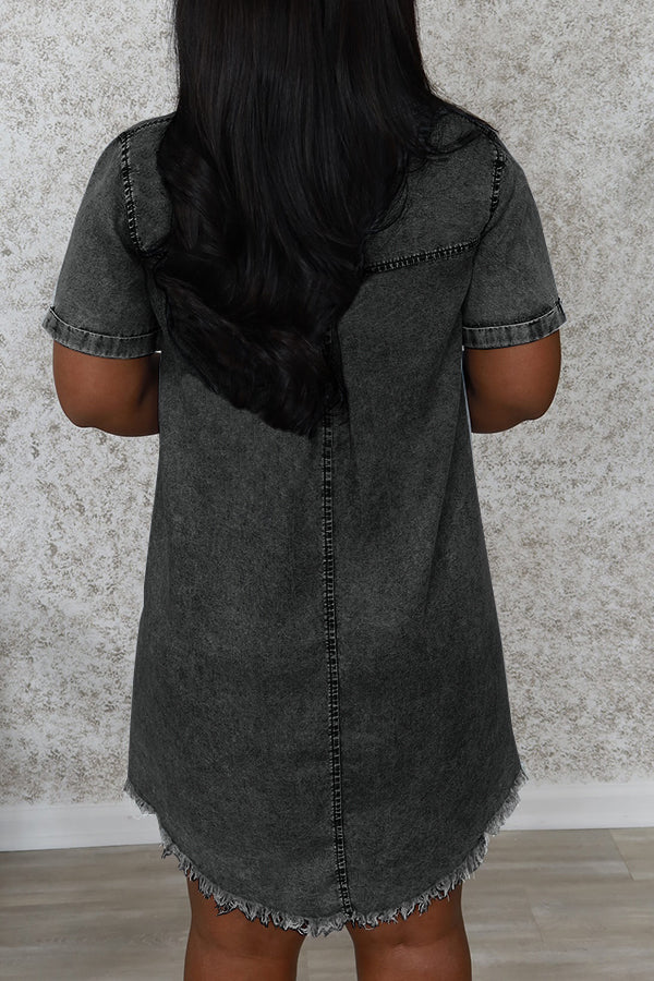 Casual Shirt Collar Raw Trim Denim Dress