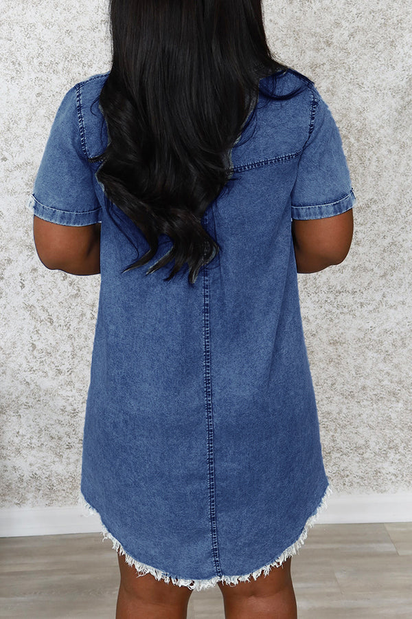 Casual Shirt Collar Raw Trim Denim Dress
