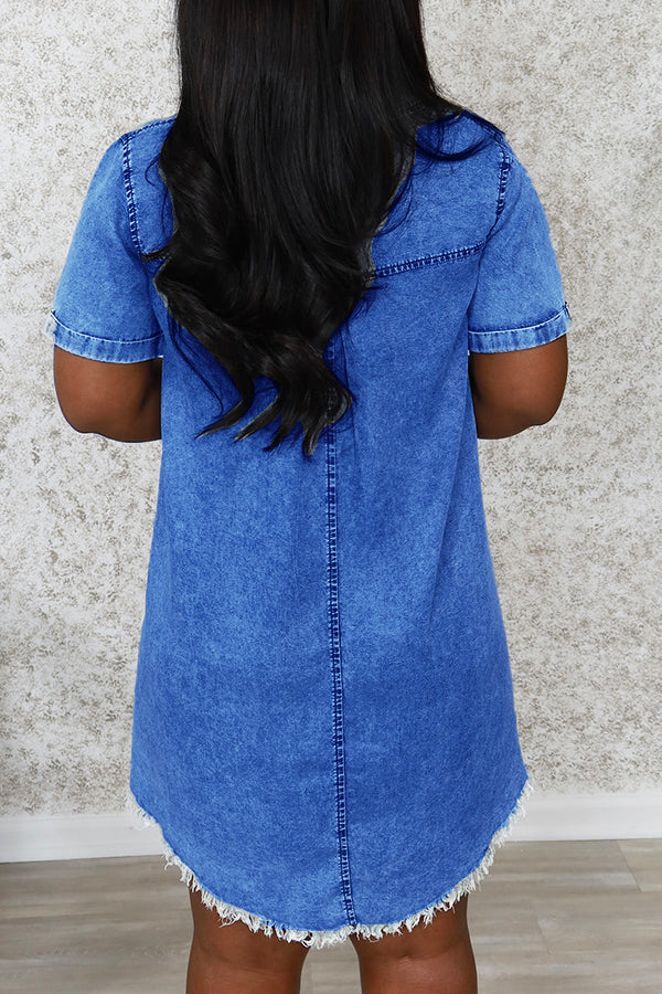 Casual Shirt Collar Raw Trim Denim Dress