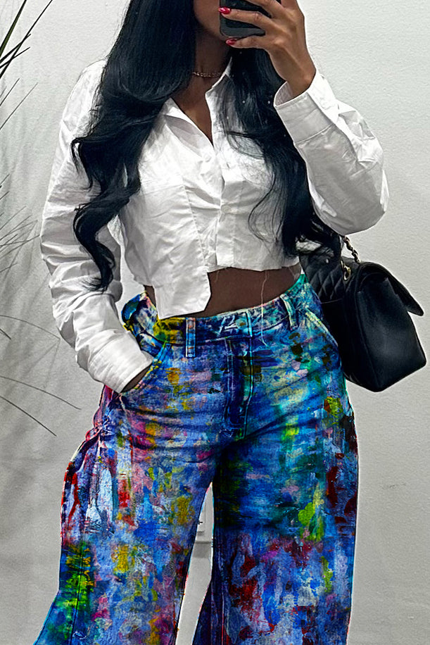 Casual Side Ruched Allover Print Wide Leg Jeans