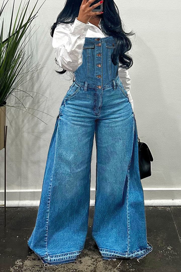 Casual Single Breasted Wide Leg Denim Jumpsuit
