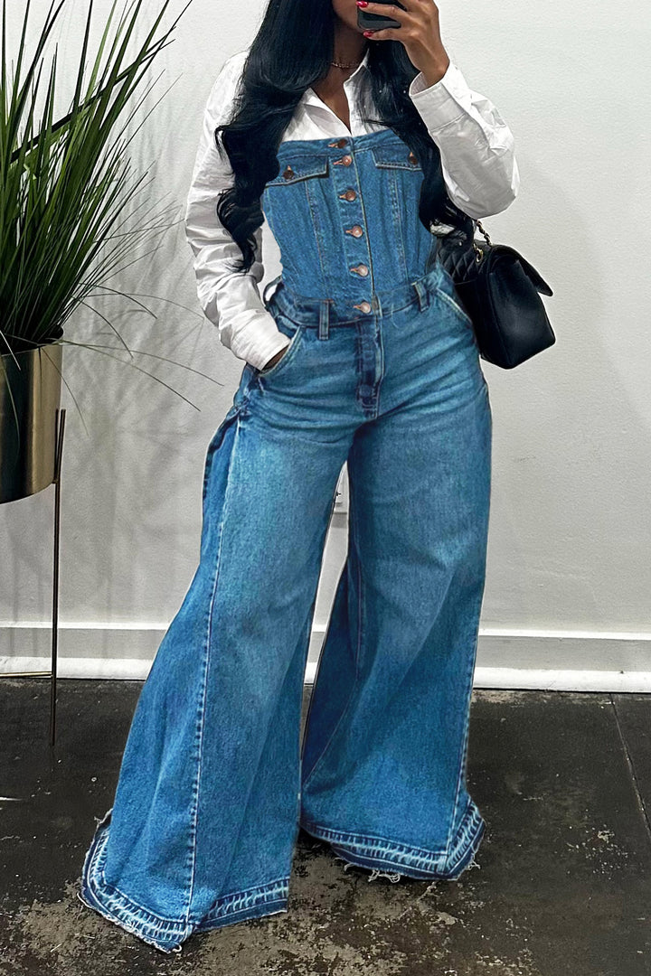 Casual Single Breasted Wide Leg Denim Jumpsuit