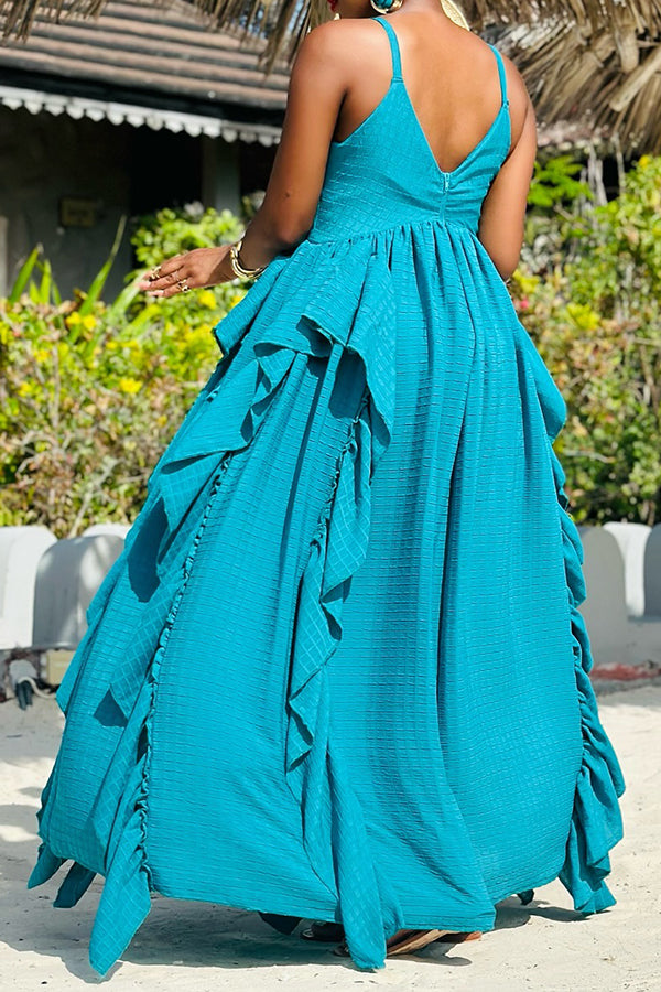 Vacation V-Neck Ruched Hem Maxi Dress