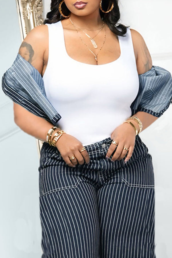 Casual Striped Denim Jacket & Wide Leg Short Set