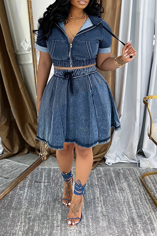 Casual Short Sleeve Denim Jacket & Skirt Set