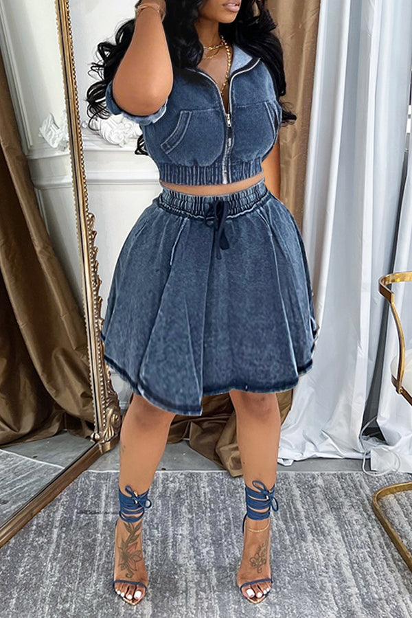 Casual Short Sleeve Denim Jacket & Skirt Set