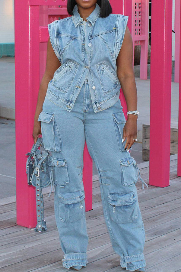 Casual Denim Jacket & Wide Leg Pockets Jeans Set