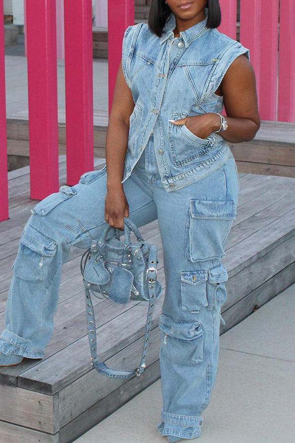Casual Denim Jacket & Wide Leg Pockets Jeans Set