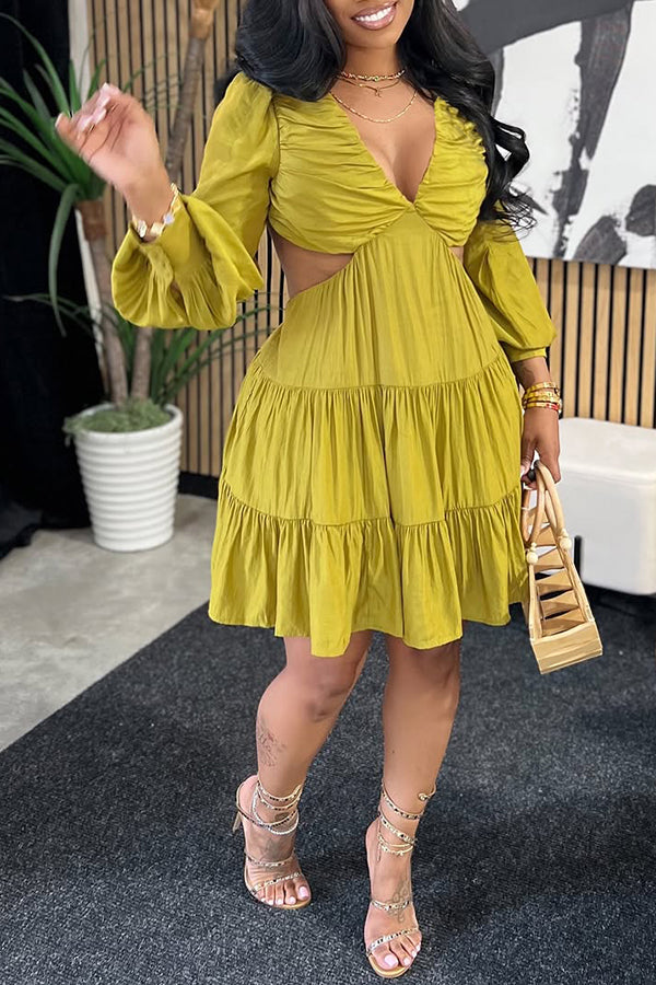 Vacation Ruched V-Neck Ruffle Hem Mini Dress
