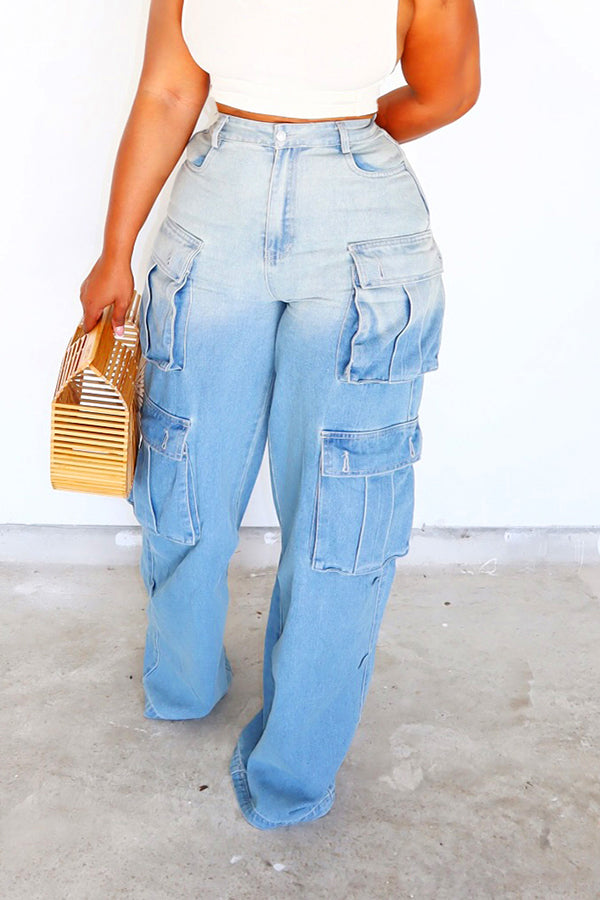 Casual Ombre Wide Leg Cargo Jeans