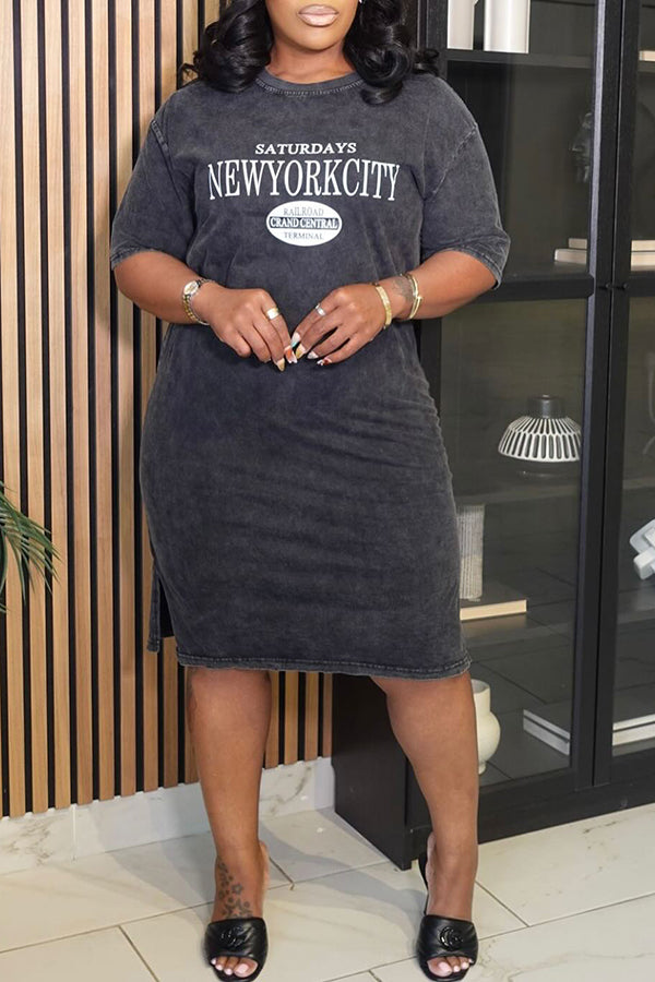 Casual Wash Old Letter Graphic T-shirt Dress