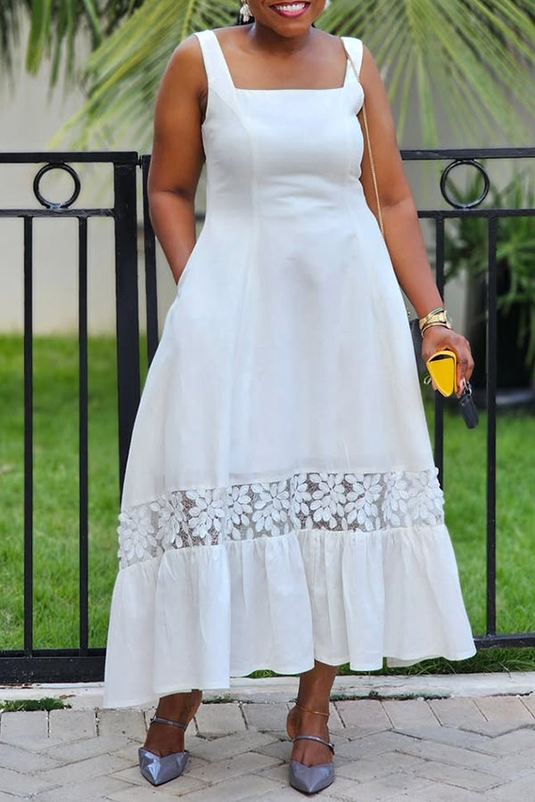 Elegant Square Neck Guipure Lace Insert Maxi Dress