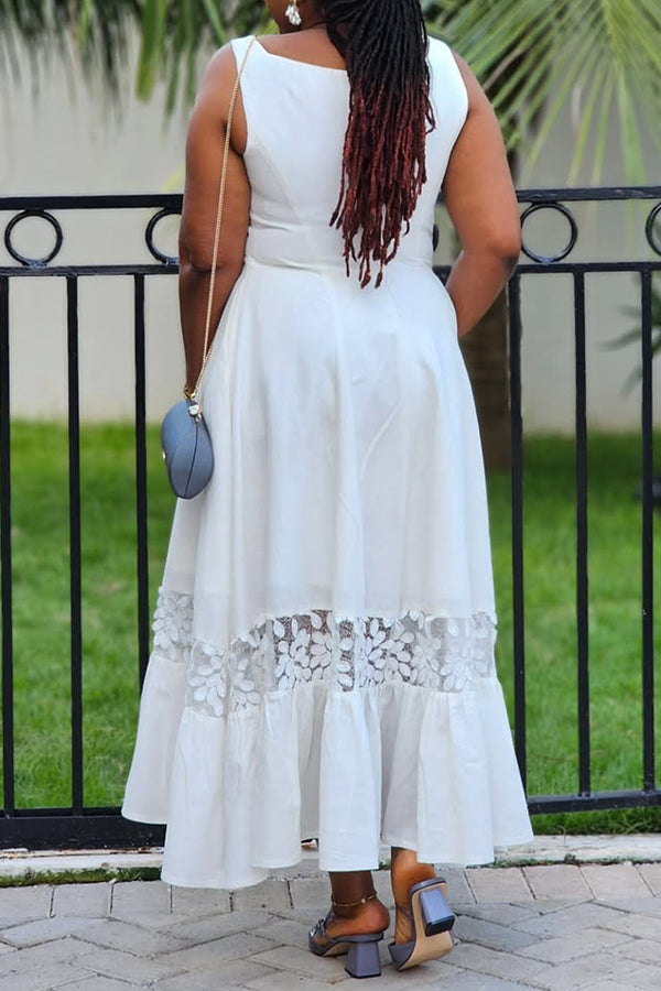 Elegant Square Neck Guipure Lace Insert Maxi Dress