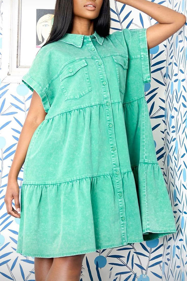 Casual Single Breasted Ruffle Hem Denim Mini Dress
